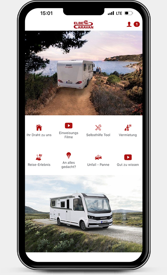 Caravan-Wissen gebündelt in einer einfachen App. Ein Screenshot der App von Elbe Caravan.